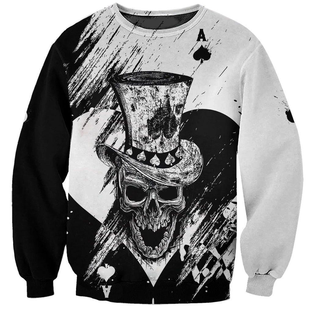 Black and white unisex skull top hat graphic sweatshirt, long sleeves, crew neck