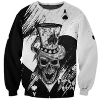 Black and white unisex skull top hat graphic sweatshirt, long sleeves, crew neck