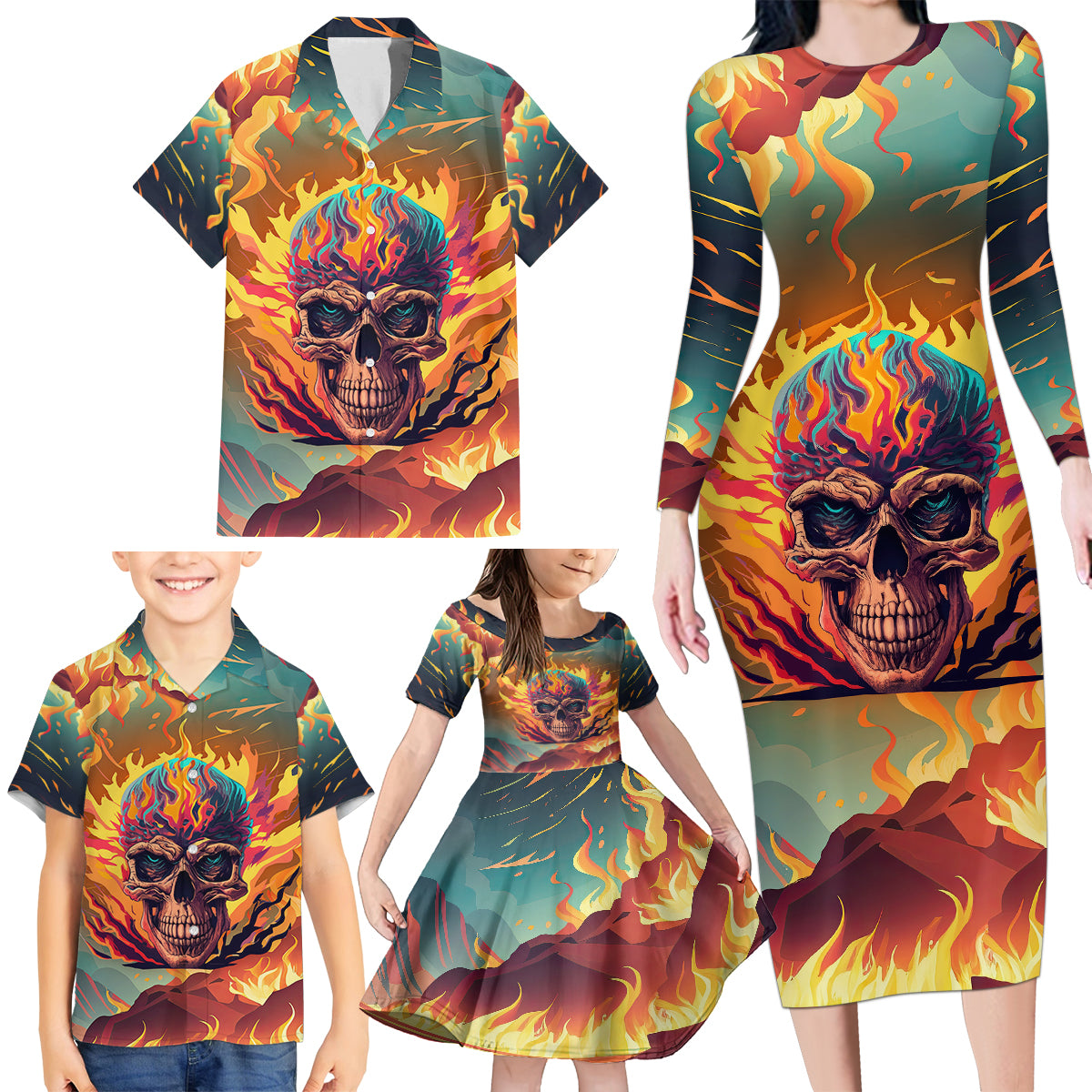 Skull Flaming Family Matching Long Sleeve Bodycon Dress and Hawaiian Shirt I Can Fix Stupid But It's Gonna Hurt - Wonder Print Shop