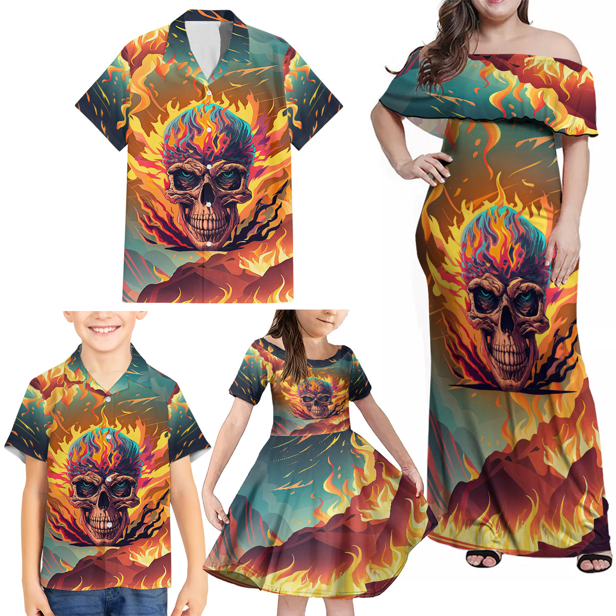 Skull Flaming Family Matching Off Shoulder Maxi Dress and Hawaiian Shirt I Can Fix Stupid But It's Gonna Hurt - Wonder Print Shop