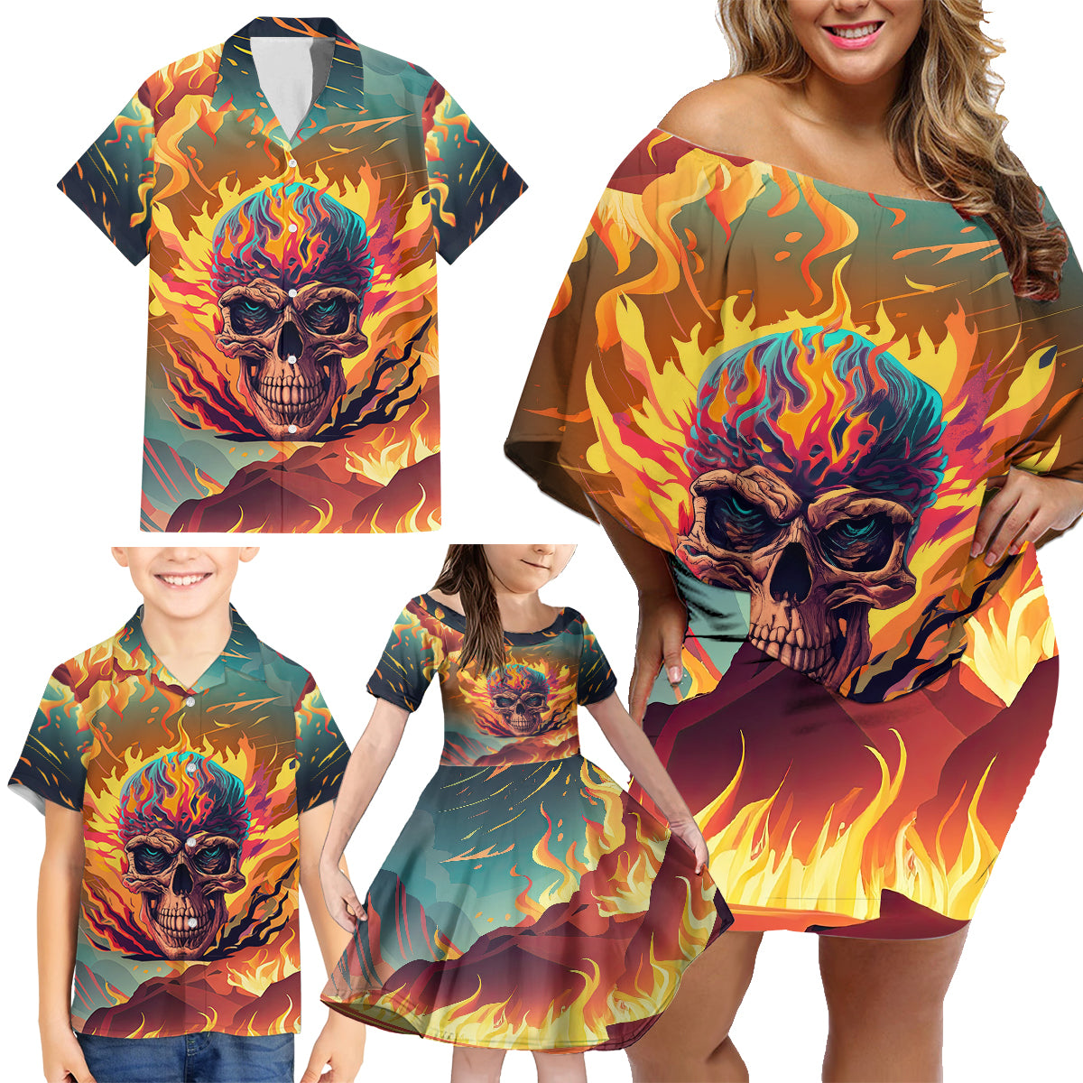 Skull Flaming Family Matching Off Shoulder Short Dress and Hawaiian Shirt I Can Fix Stupid But It's Gonna Hurt - Wonder Print Shop