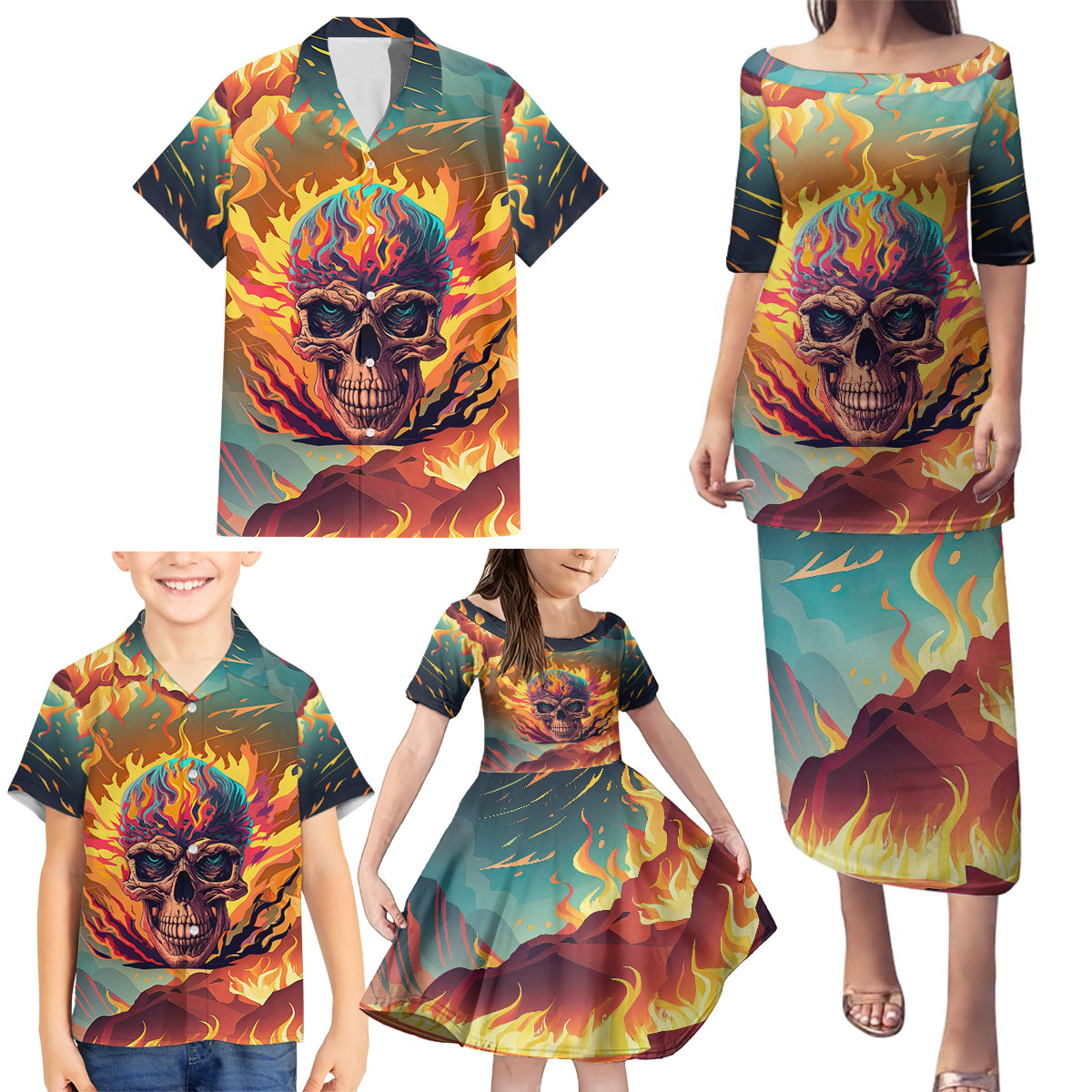 Skull Flaming Family Matching Puletasi Dress and Hawaiian Shirt I Can Fix Stupid But It's Gonna Hurt - Wonder Print Shop