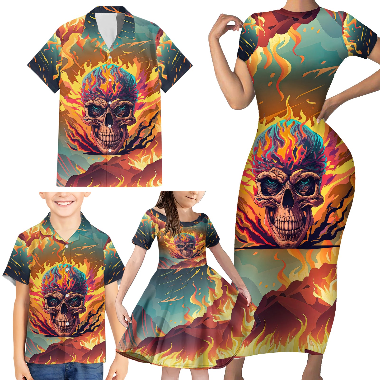 Skull Flaming Family Matching Short Sleeve Bodycon Dress and Hawaiian Shirt I Can Fix Stupid But It's Gonna Hurt - Wonder Print Shop