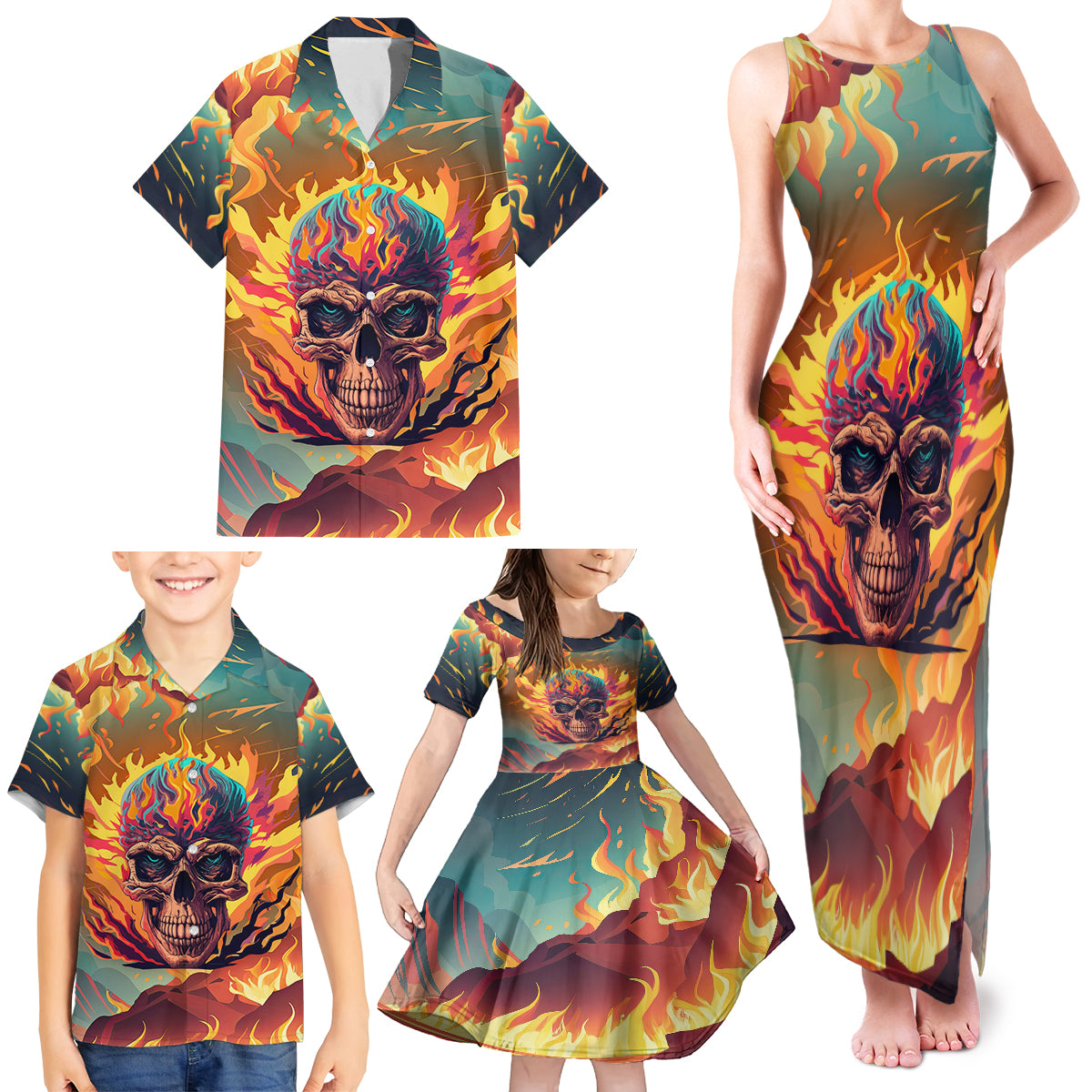 Skull Flaming Family Matching Tank Maxi Dress and Hawaiian Shirt I Can Fix Stupid But It's Gonna Hurt - Wonder Print Shop