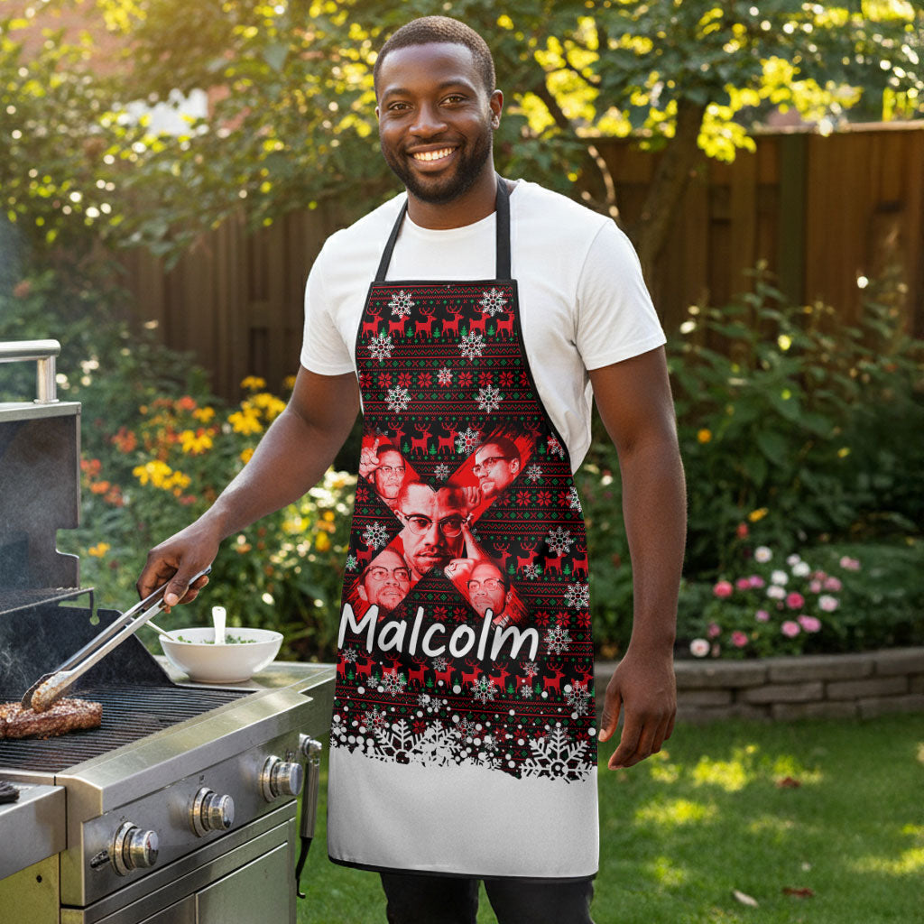 Malcolm X Christmas Apron Retro Knitted Pattern Holiday Wreath Civil Rights Leader