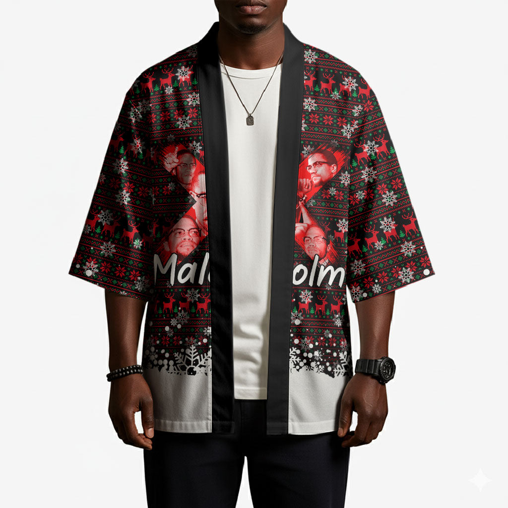 Malcolm X Christmas Kimono Retro Knitted Pattern Holiday Wreath Civil Rights Leader