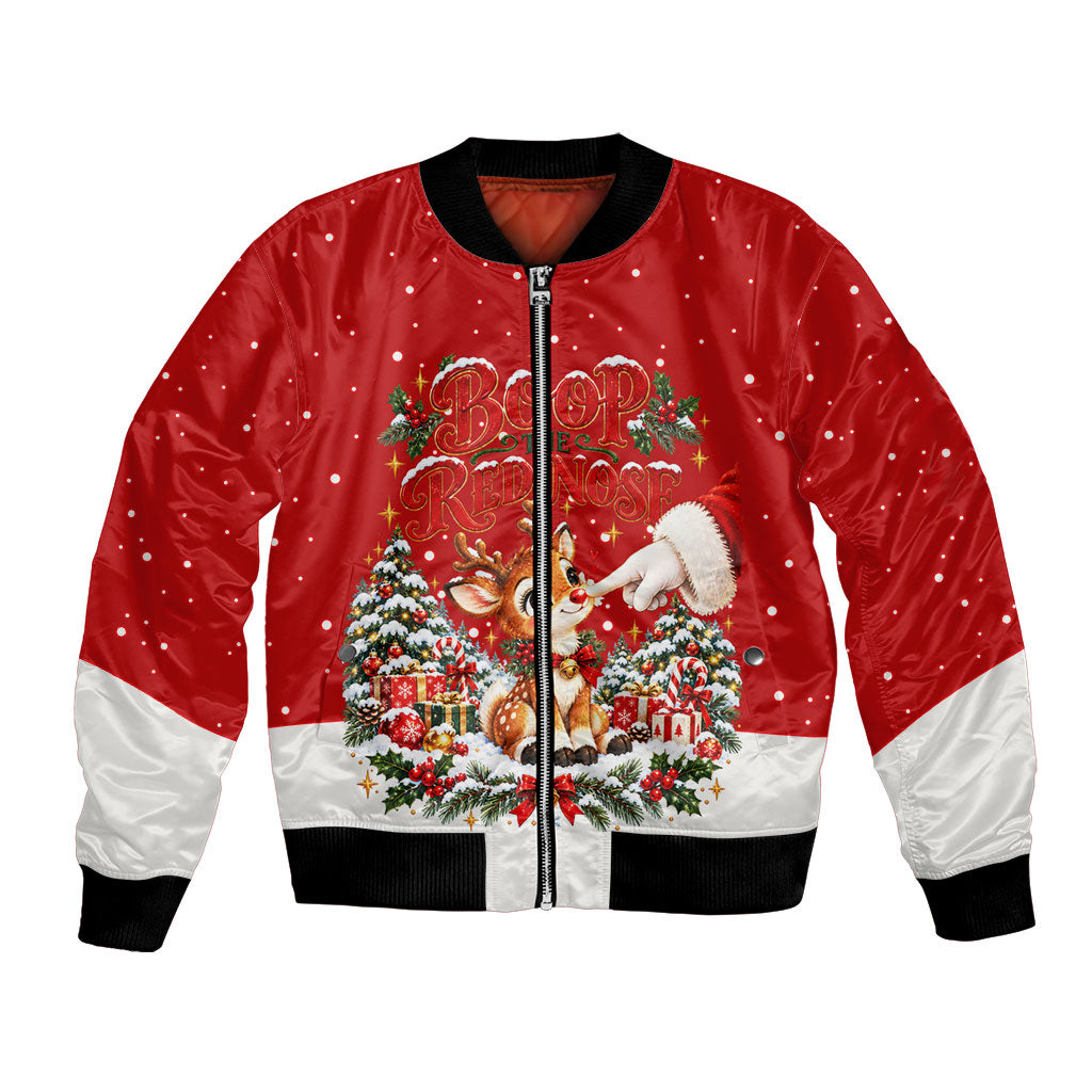 Cute Reindeer Boop Christmas Bomber Jacket The Red Nose Festive Vintage Winter Snow