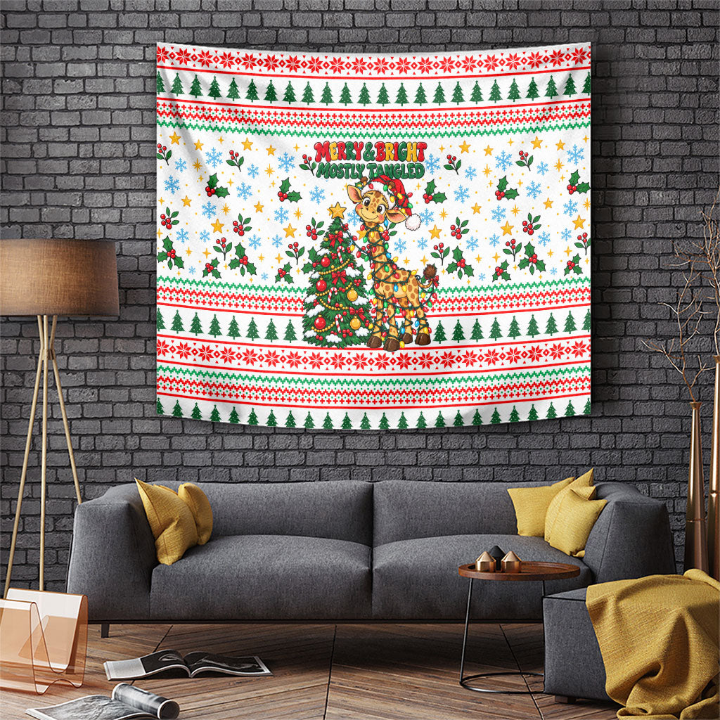 Cute Christmas Giraffe Lights Tapestry Funny Tall Tangled Animal Giraffe Hat Santa