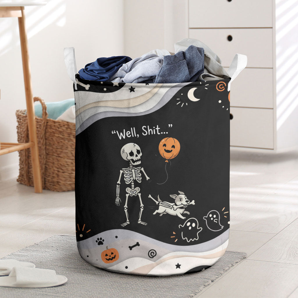 Funny Skeleton Dog Halloween Pumpkin Laundry Basket Spooky Gothic Cartoon Quote Dark Humor Art