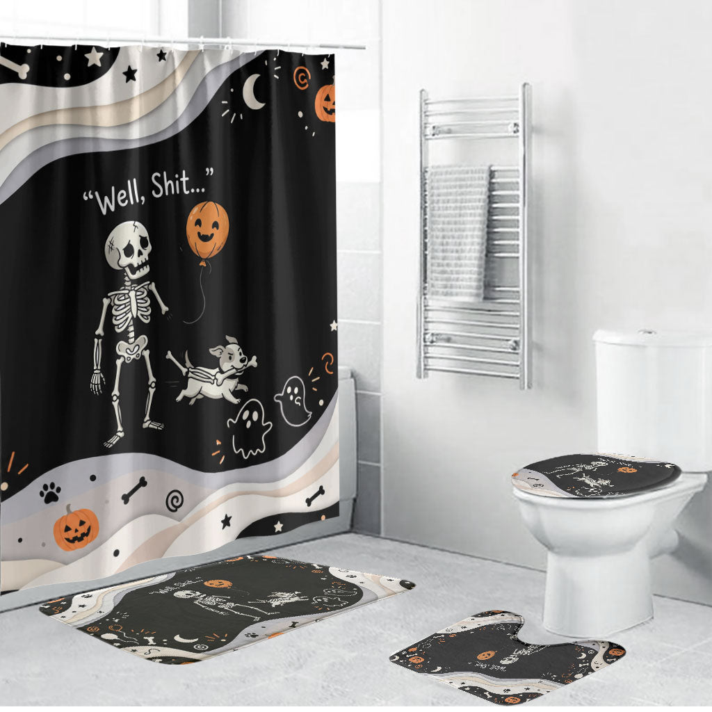 Funny Skeleton Dog Halloween Pumpkin Bathroom Set Spooky Gothic Cartoon Quote Dark Humor Art