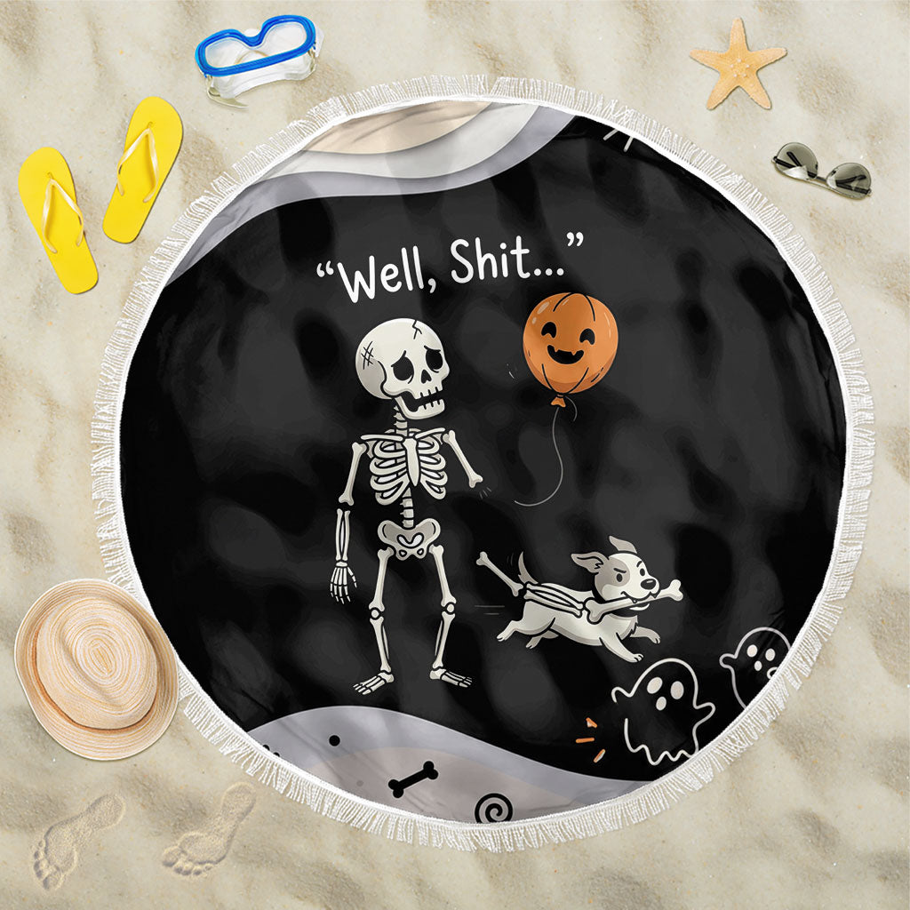 Funny Skeleton Dog Halloween Pumpkin Beach Blanket Spooky Gothic Cartoon Quote Dark Humor Art