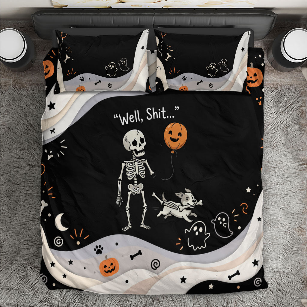Funny Skeleton Dog Halloween Pumpkin Bedding Set Spooky Gothic Cartoon Quote Dark Humor Art