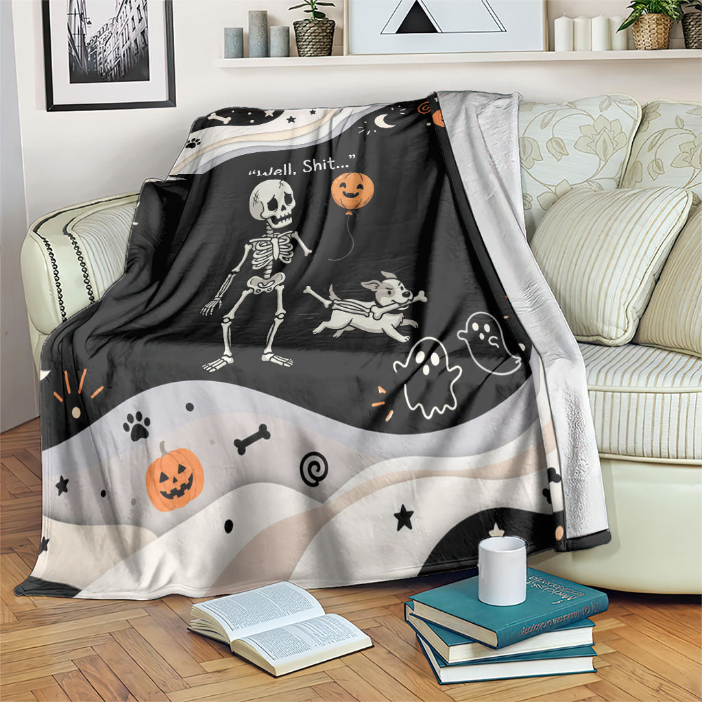 Funny Skeleton Dog Halloween Pumpkin Blanket Spooky Gothic Cartoon Quote Dark Humor Art