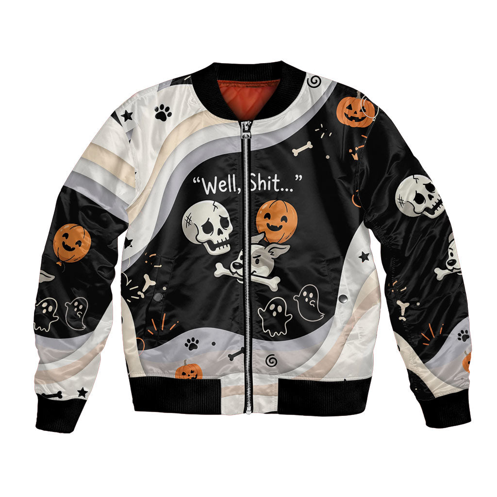 Funny Skeleton Dog Halloween Pumpkin Bomber Jacket Spooky Gothic Cartoon Quote Dark Humor Art
