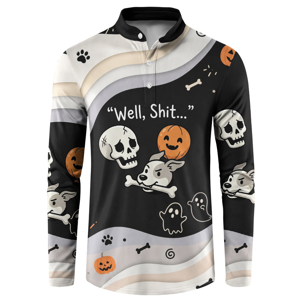 Funny Skeleton Dog Halloween Pumpkin Button Sweatshirt Spooky Gothic Cartoon Quote Dark Humor Art