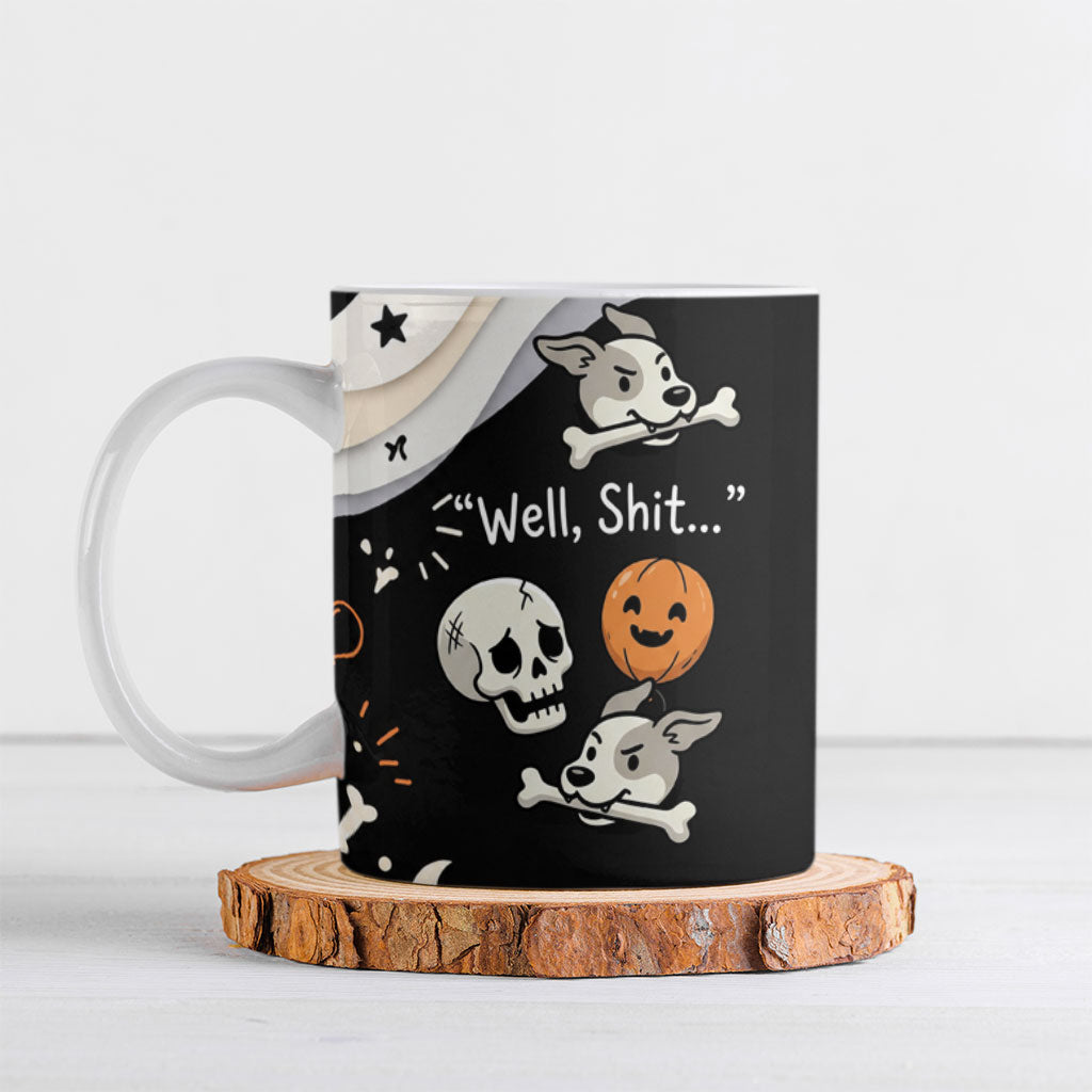 Funny Skeleton Dog Halloween Pumpkin Ceramic Mug Spooky Gothic Cartoon Quote Dark Humor Art