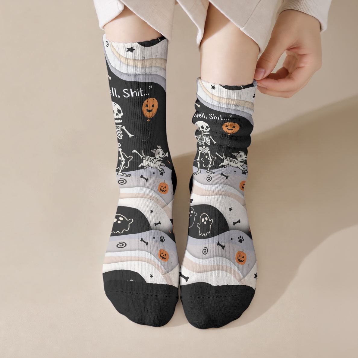 Funny Skeleton Dog Halloween Pumpkin Crew Socks Spooky Gothic Cartoon Quote Dark Humor Art