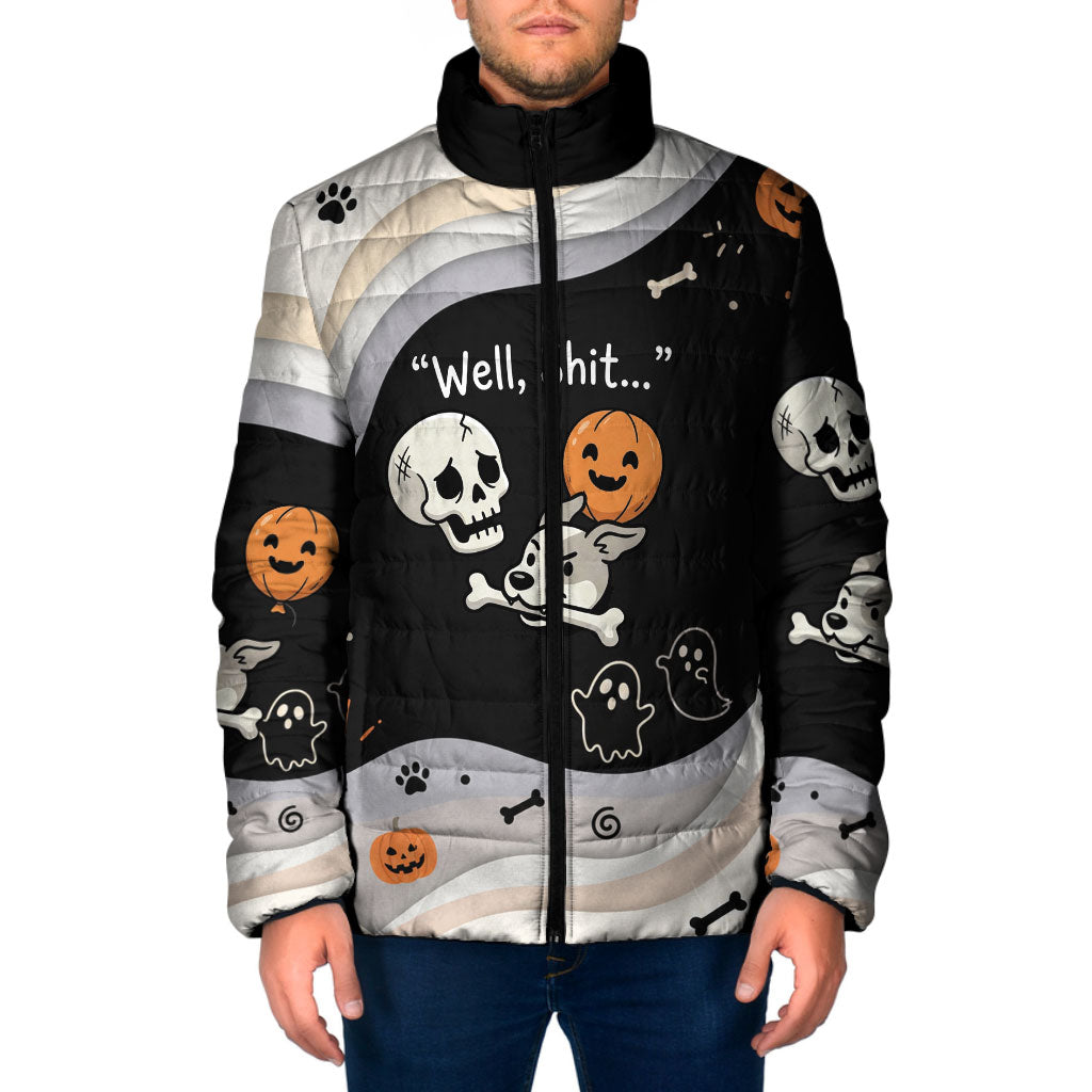 Funny Skeleton Dog Halloween Pumpkin Padded Jacket Spooky Gothic Cartoon Quote Dark Humor Art