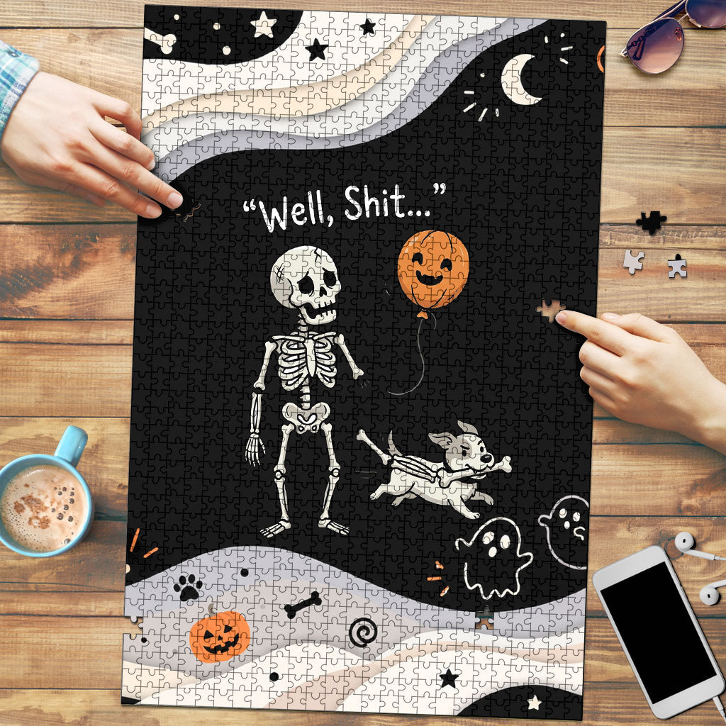 Funny Skeleton Dog Halloween Pumpkin Puzzle Spooky Gothic Cartoon Quote Dark Humor Art