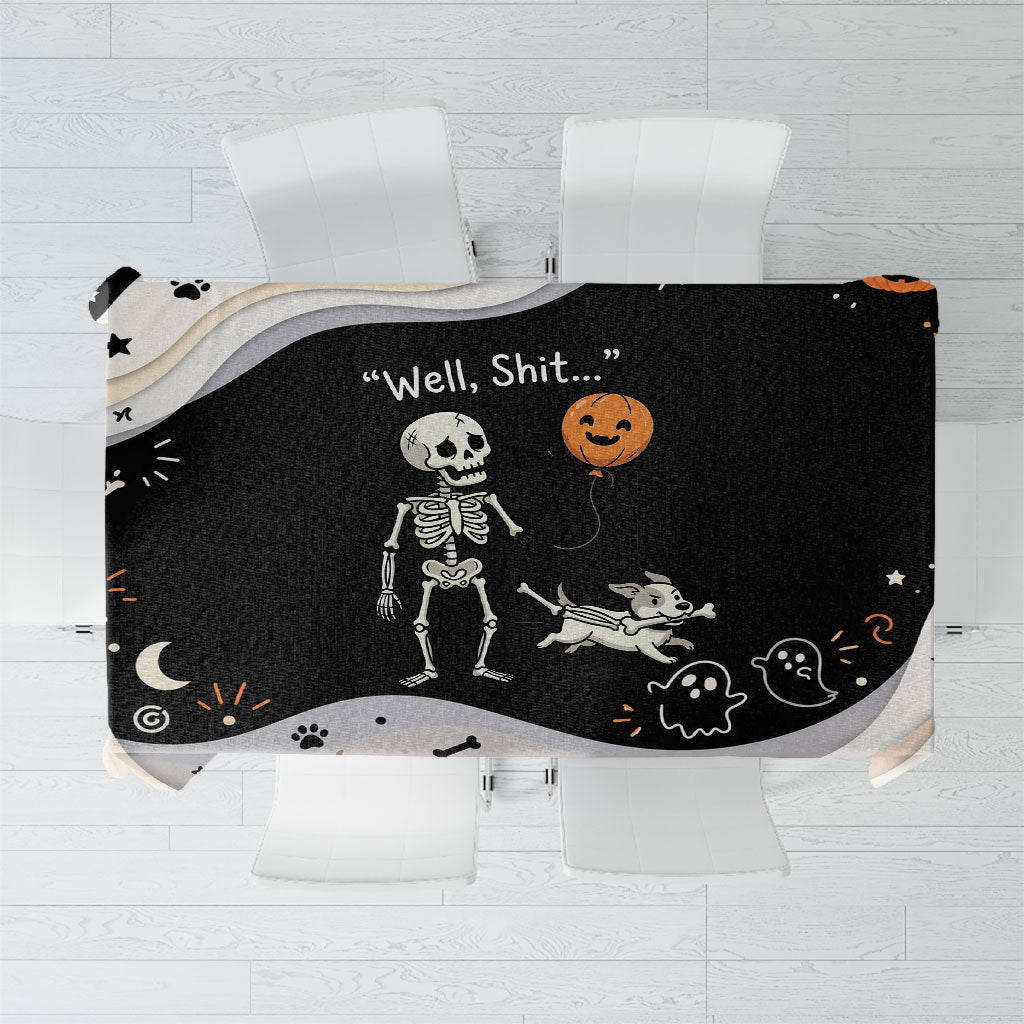 Funny Skeleton Dog Halloween Pumpkin Tablecloth Spooky Gothic Cartoon Quote Dark Humor Art