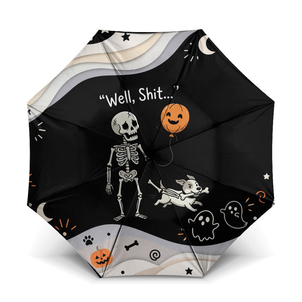Funny Skeleton Dog Halloween Pumpkin Umbrella Spooky Gothic Cartoon Quote Dark Humor Art