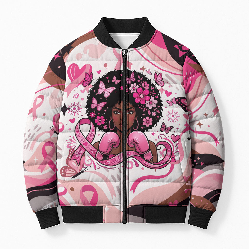 African American Breast Cancer Awareness Queen Bomber Puffer Jacket Pink Ribbon Floral Butterfly Boxing Gloves Warrior Art