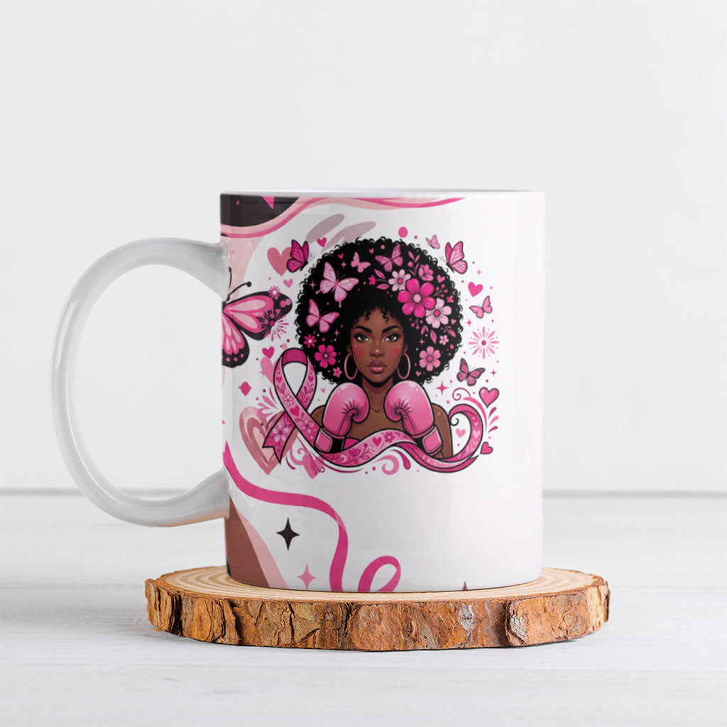 African American Breast Cancer Awareness Queen Ceramic Mug Pink Ribbon Floral Butterfly Boxing Gloves Warrior Art