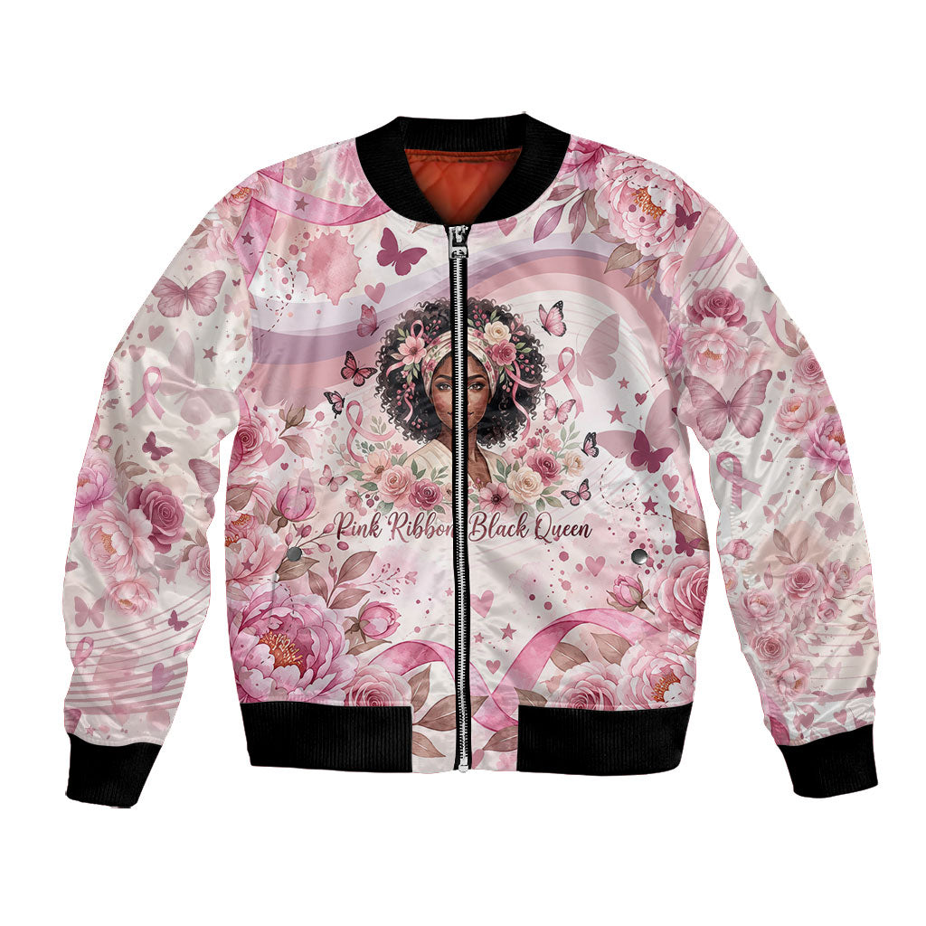 African American Breast Cancer Warrior Black Queen Bomber Jacket Floral Pink Ribbon Watercolor Butterfly Hope Art