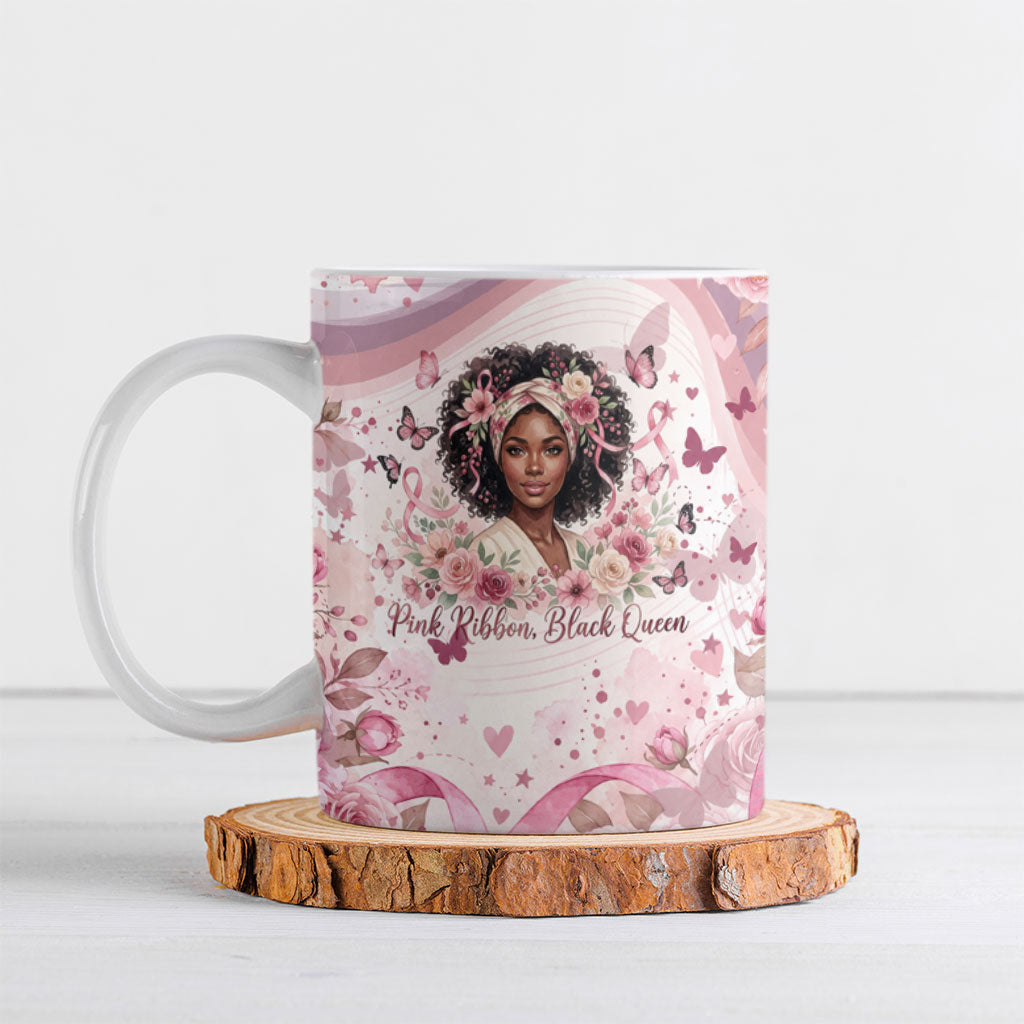 African American Breast Cancer Warrior Black Queen Ceramic Mug Floral Pink Ribbon Watercolor Butterfly Hope Art