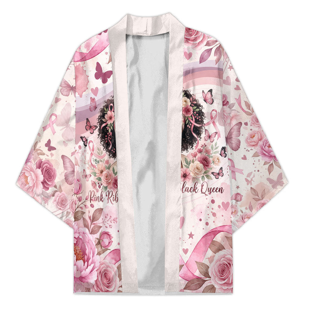 African American Breast Cancer Warrior Black Queen Kimono Floral Pink Ribbon Watercolor Butterfly Hope Art
