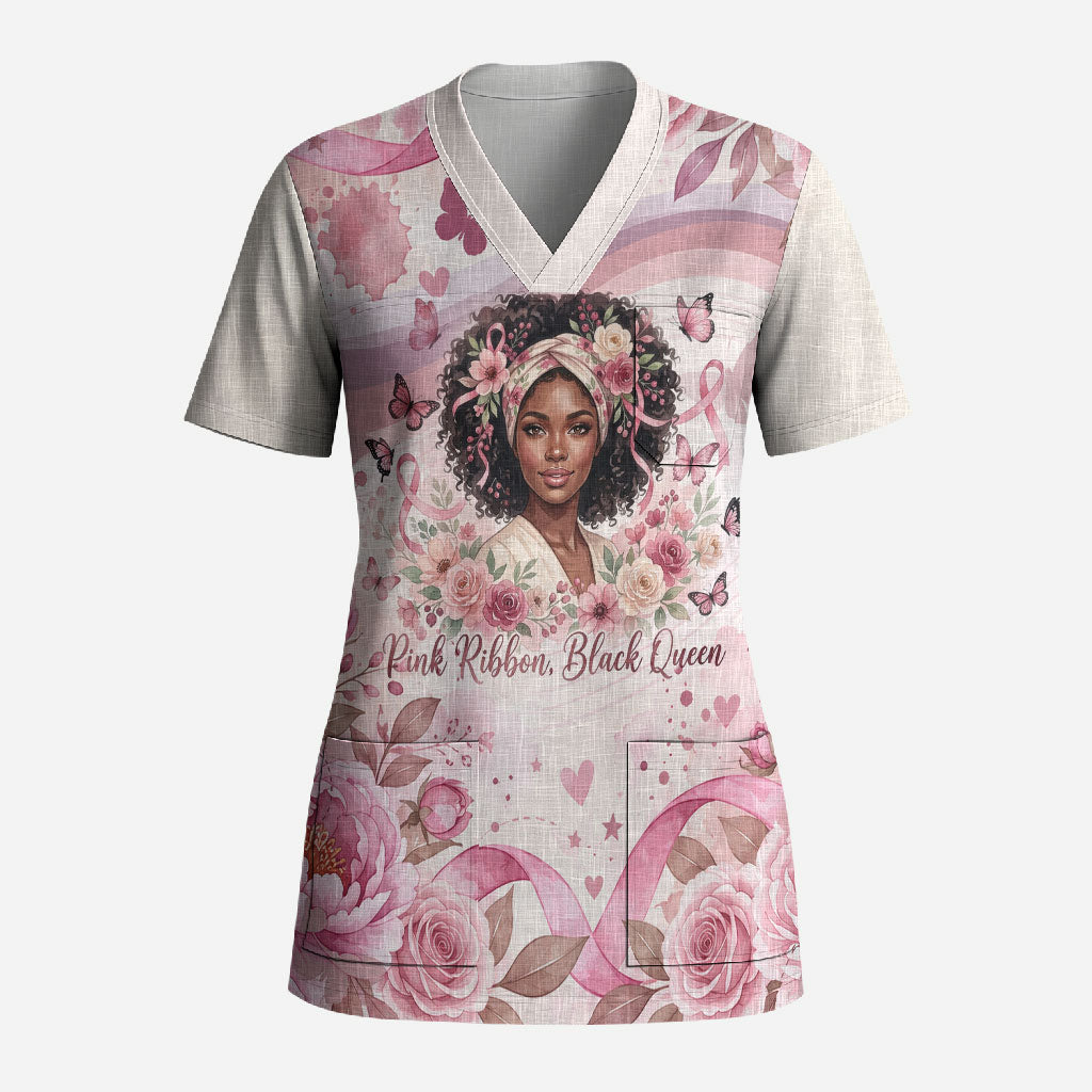 African American Breast Cancer Warrior Black Queen Scrub Top Floral Pink Ribbon Watercolor Butterfly Hope Art