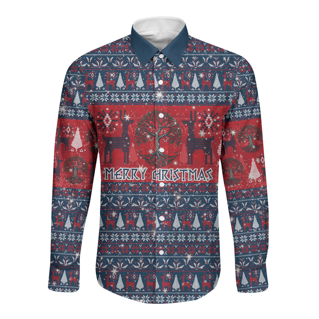 Viking Merry Christmas Yule Soul Long Sleeve Button Shirt Norse Mythology Nordic Warrior Longship