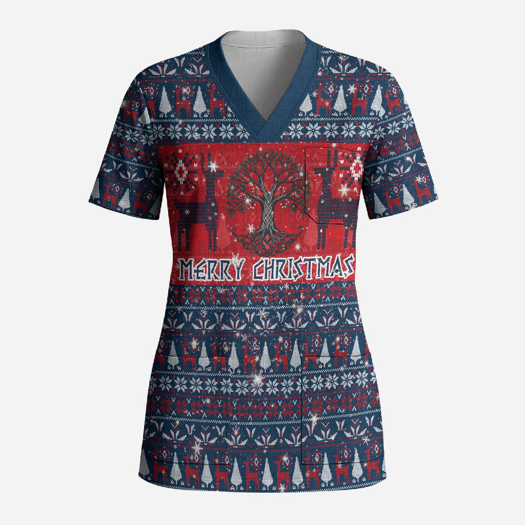 Viking Merry Christmas Yule Soul Scrub Top Norse Mythology Nordic Warrior Longship