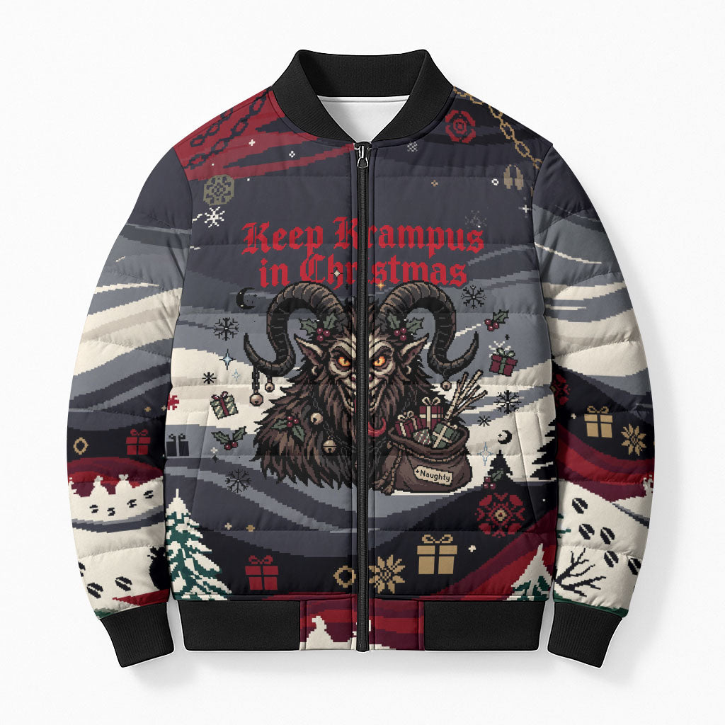 Keep Krampus In Christmas Bomber Puffer Jacket Gothic Dark Horror Mythical Creature Xmas Art