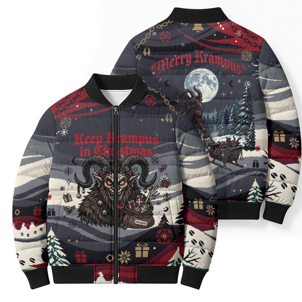 Keep Krampus In Christmas Bomber Puffer Jacket Gothic Dark Horror Mythical Creature Xmas Art