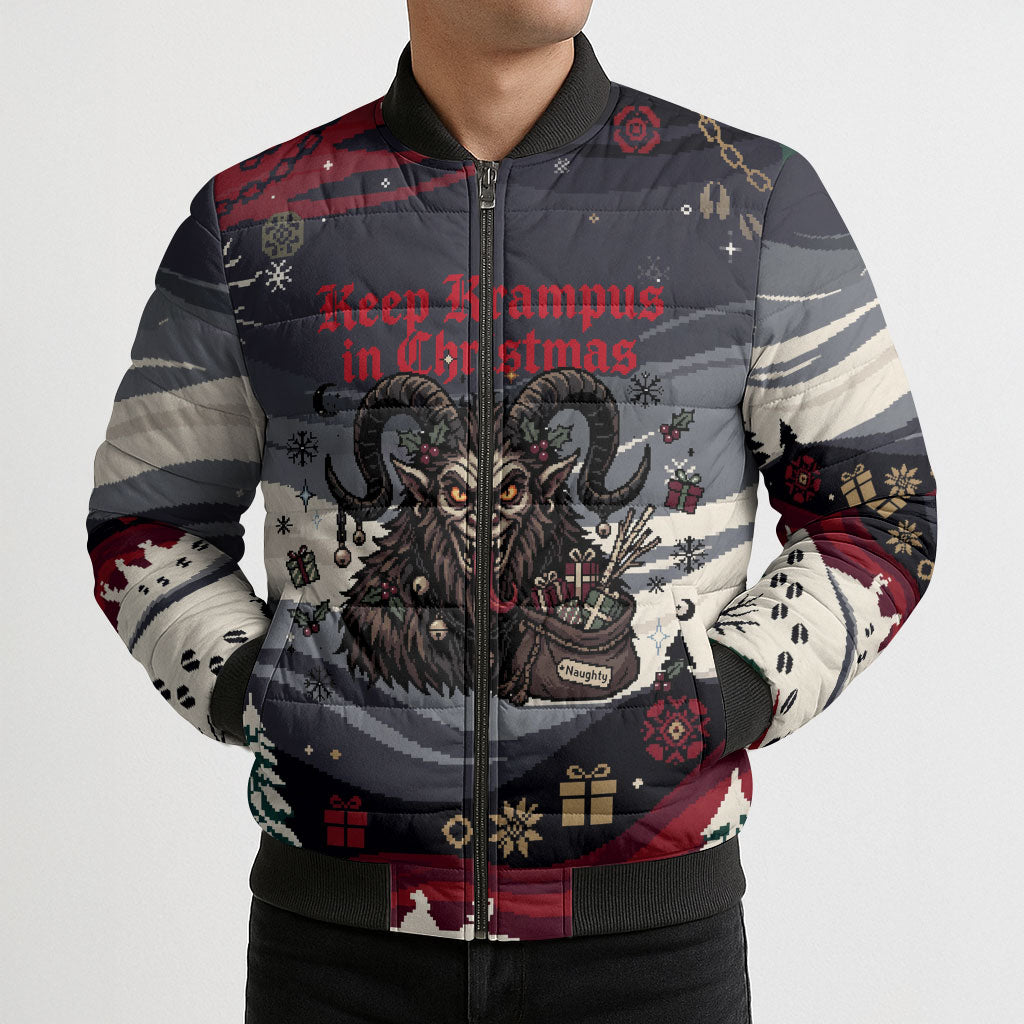 Keep Krampus In Christmas Bomber Puffer Jacket Gothic Dark Horror Mythical Creature Xmas Art