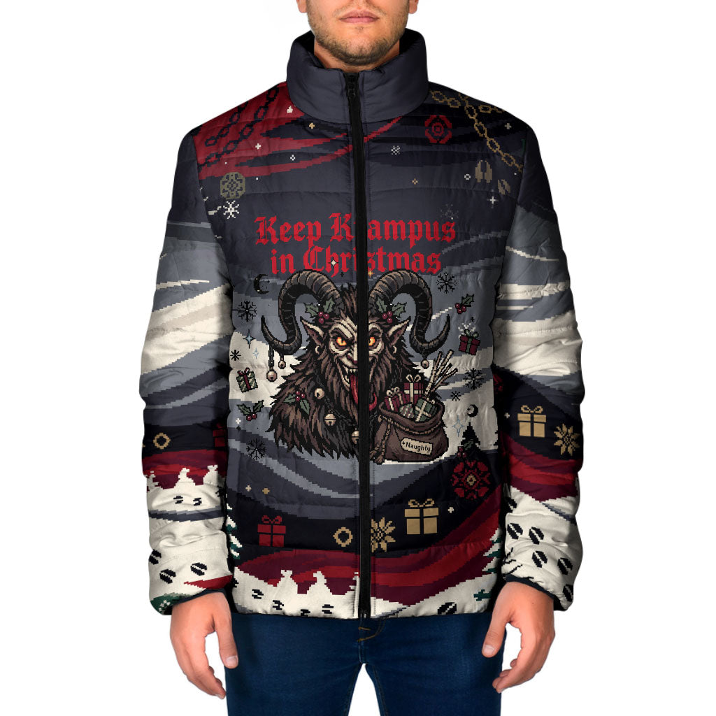 Keep Krampus In Christmas Padded Jacket Gothic Dark Horror Mythical Creature Xmas Art
