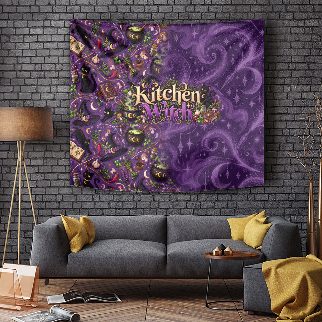 Kitchen Witch Tapestry Mystical Wiccan Magic Herb Cauldron And Black Cat