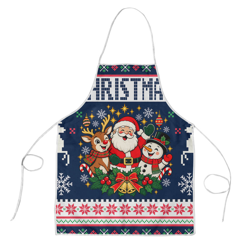 Santa Reindeer Snowman Christmas Apron Ugly Holiday Pattern Festive Winter Fair Isle