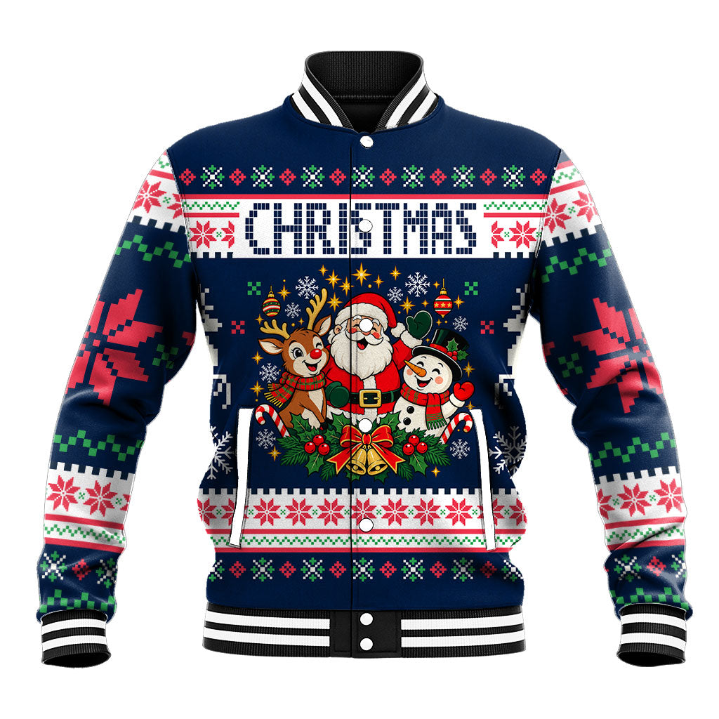 Santa Reindeer Snowman Christmas Baseball Jacket Ugly Holiday Pattern Festive Winter Fair Isle