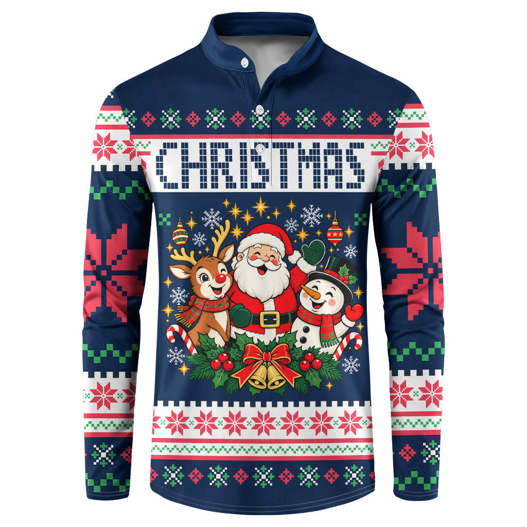 Santa Reindeer Snowman Christmas Button Sweatshirt Ugly Holiday Pattern Festive Winter Fair Isle