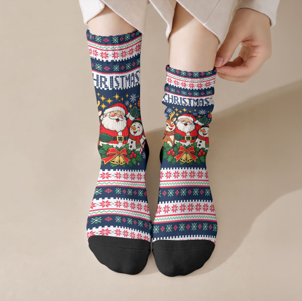 Santa Reindeer Snowman Christmas Crew Socks Ugly Holiday Pattern Festive Winter Fair Isle
