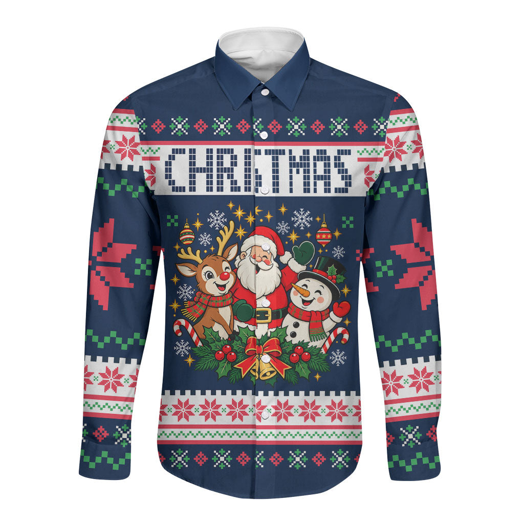 Santa Reindeer Snowman Christmas Long Sleeve Button Shirt Ugly Holiday Pattern Festive Winter Fair Isle