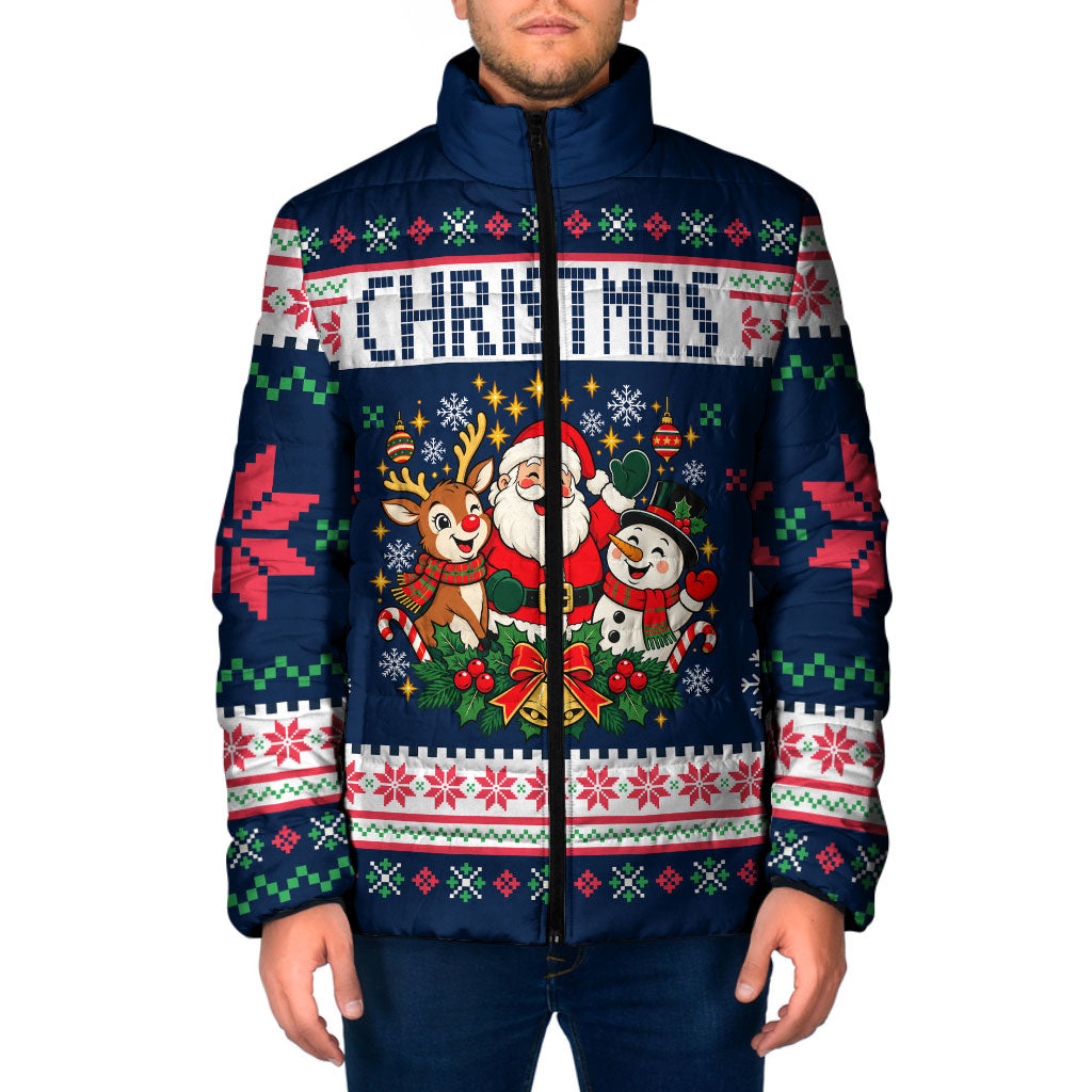 Santa Reindeer Snowman Christmas Padded Jacket Ugly Holiday Pattern Festive Winter Fair Isle