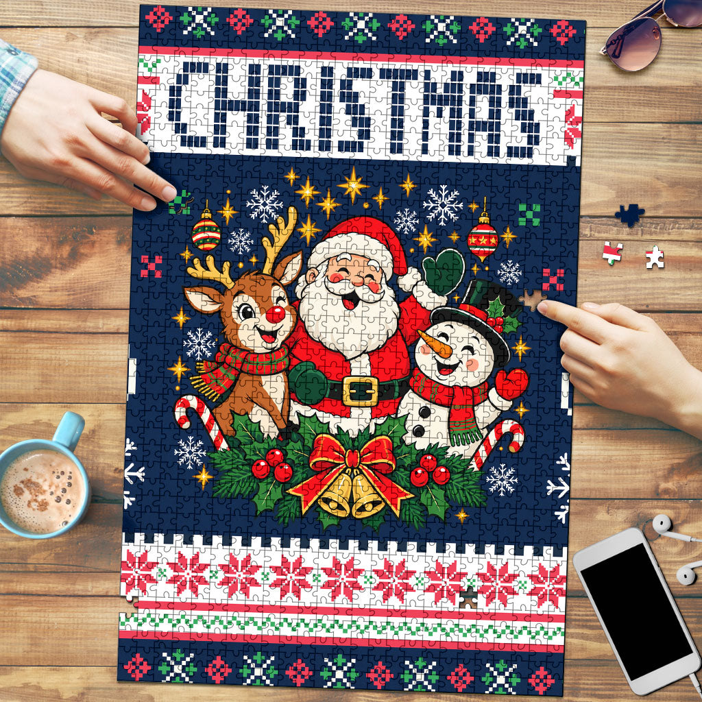 Santa Reindeer Snowman Christmas Puzzle Ugly Holiday Pattern Festive Winter Fair Isle
