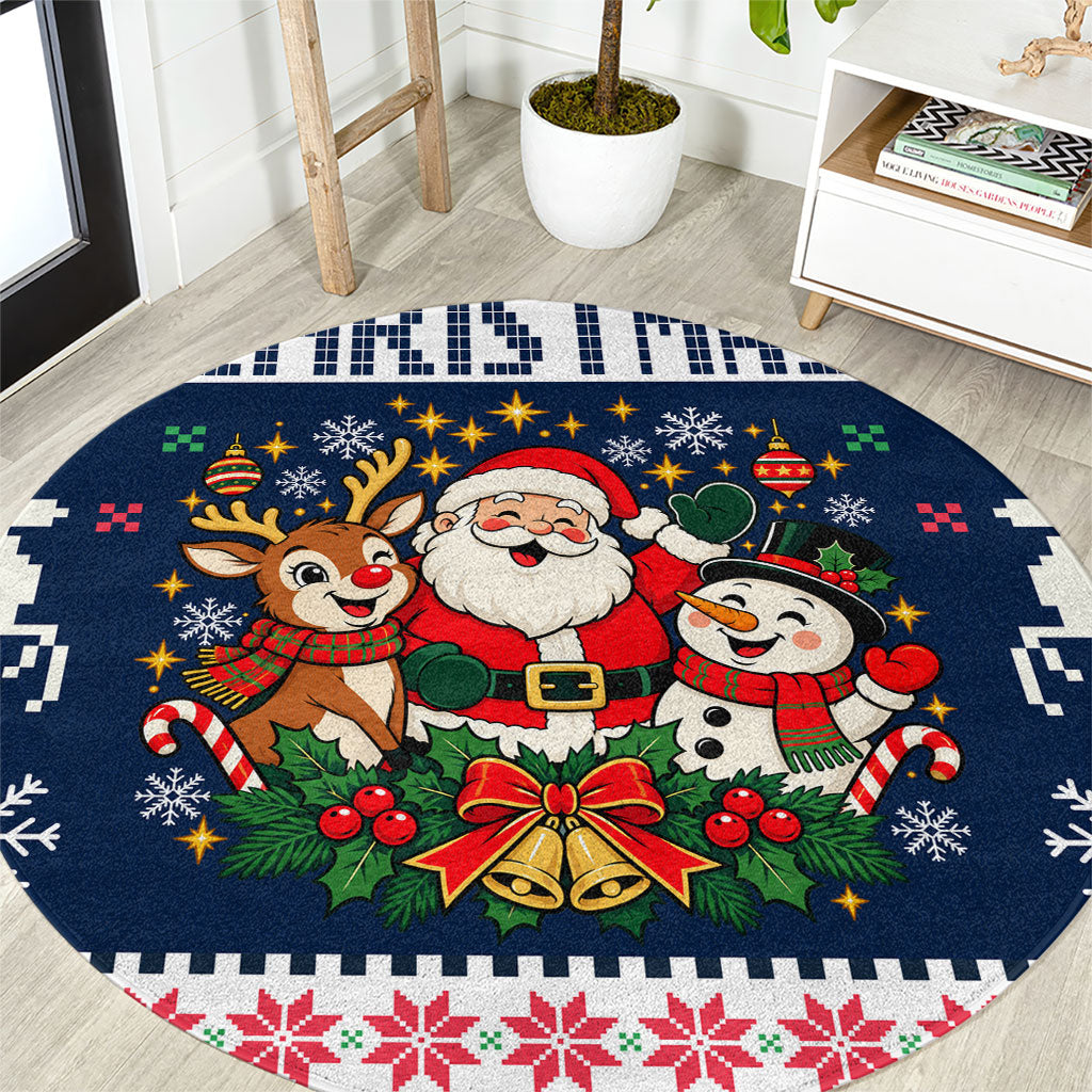 Santa Reindeer Snowman Christmas Round Carpet Ugly Holiday Pattern Festive Winter Fair Isle