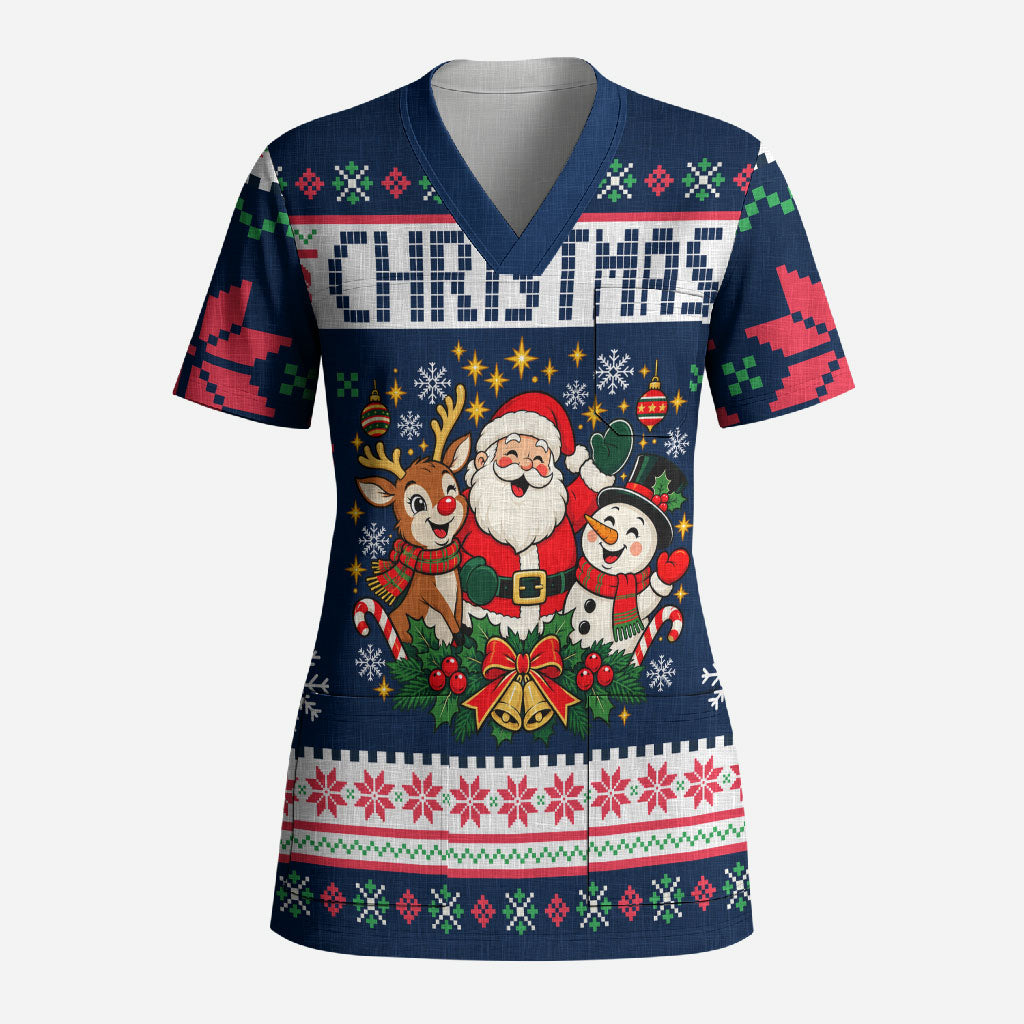 Santa Reindeer Snowman Christmas Scrub Top Ugly Holiday Pattern Festive Winter Fair Isle