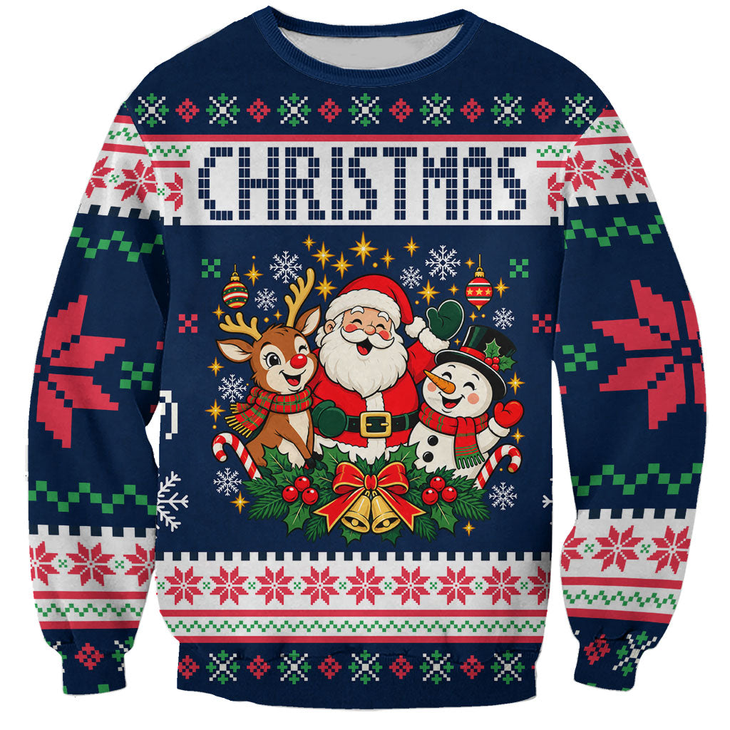 Santa Reindeer Snowman Christmas Sweatshirt Ugly Holiday Pattern Festive Winter Fair Isle