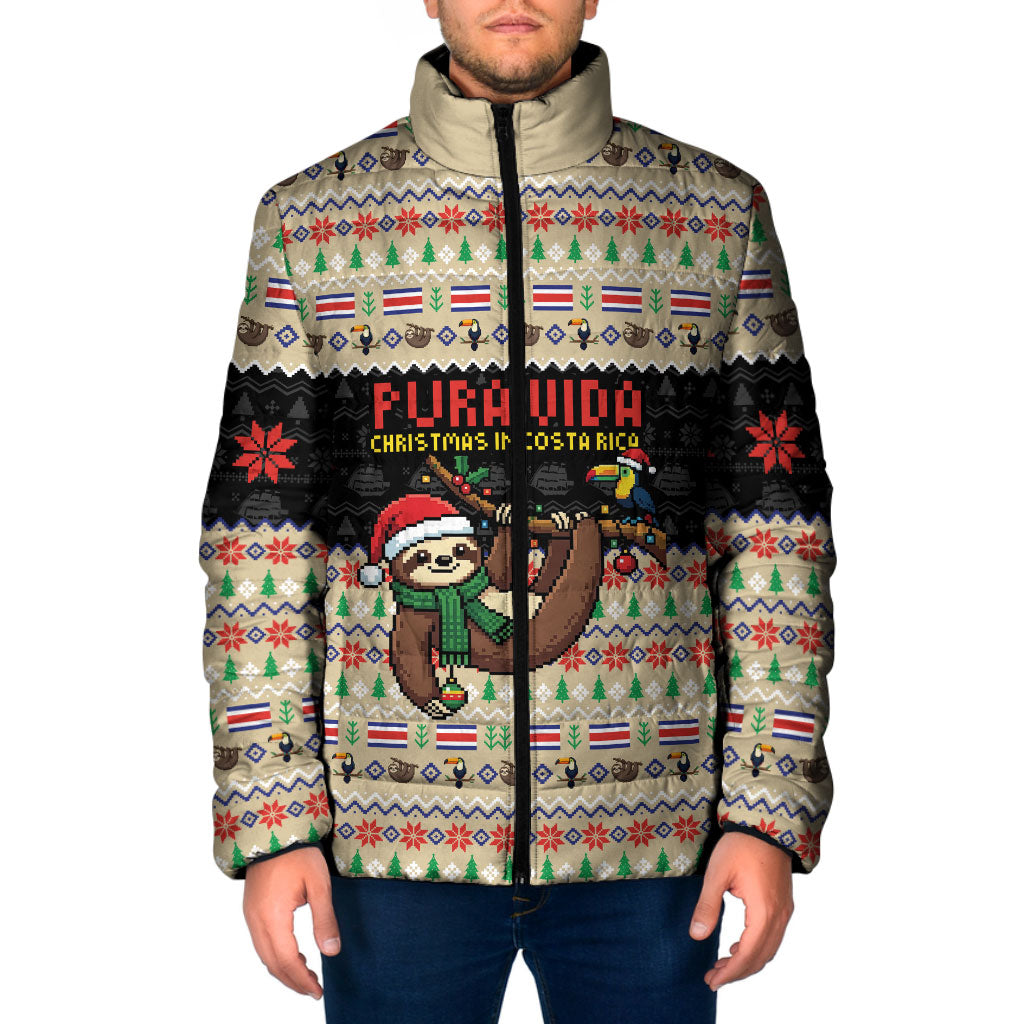 Costa Rica Christmas Padded Jacket Pura Vida Sloth Flag Toucan - Costa Rican Map