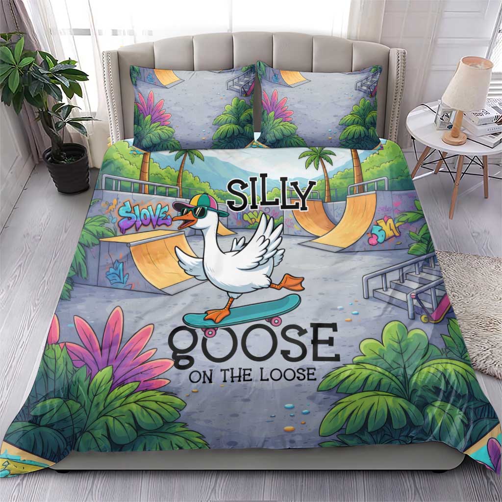 Funny Silly Goose on The Loose Bedding Set with Skateboard and Palm Trees